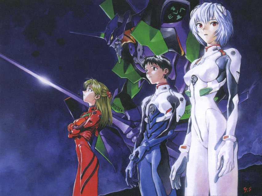 souryuu asuka langley, ayanami rei, ikari shinji, and eva 01 (neon genesis evangelion) drawn by sadamoto_yoshiyuki