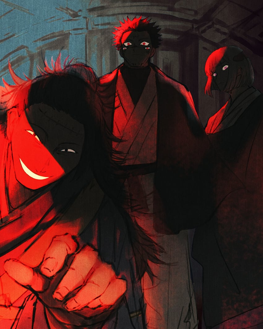 getou suguru, ryoumen sukuna, kenjaku, and uraume (jujutsu kaisen) drawn by mal and midasawa554