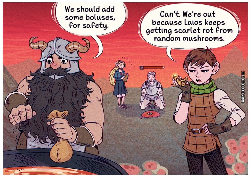 marcille donato, laios touden, senshi, and chilchuck tims (dungeon meshi and 1 more) drawn by miracide