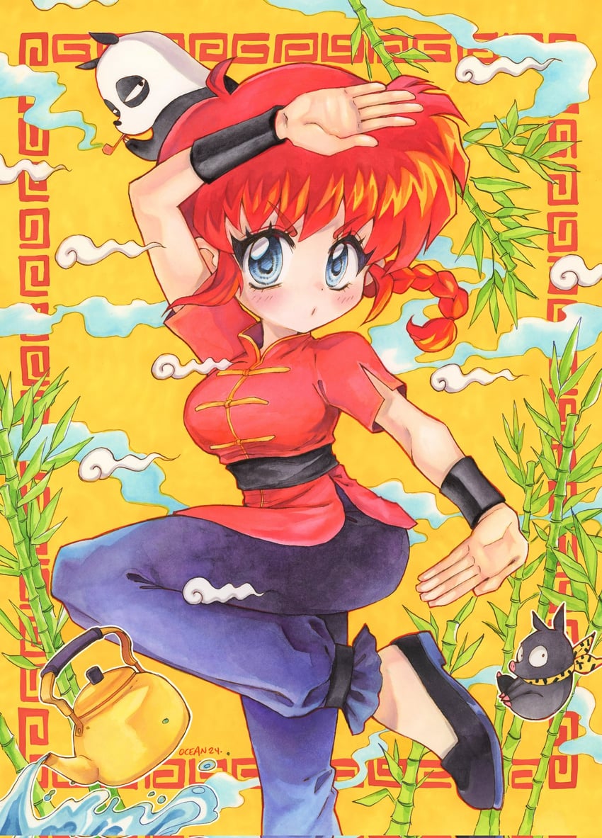 ranma-chan, p-chan, and saotome genma (ranma 1/2) drawn by oceaninspace
