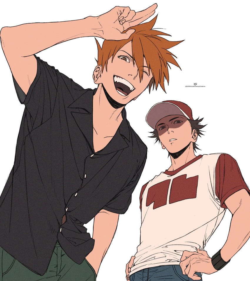 red and blue oak (pokemon and 1 more) drawn by 55oshimechan