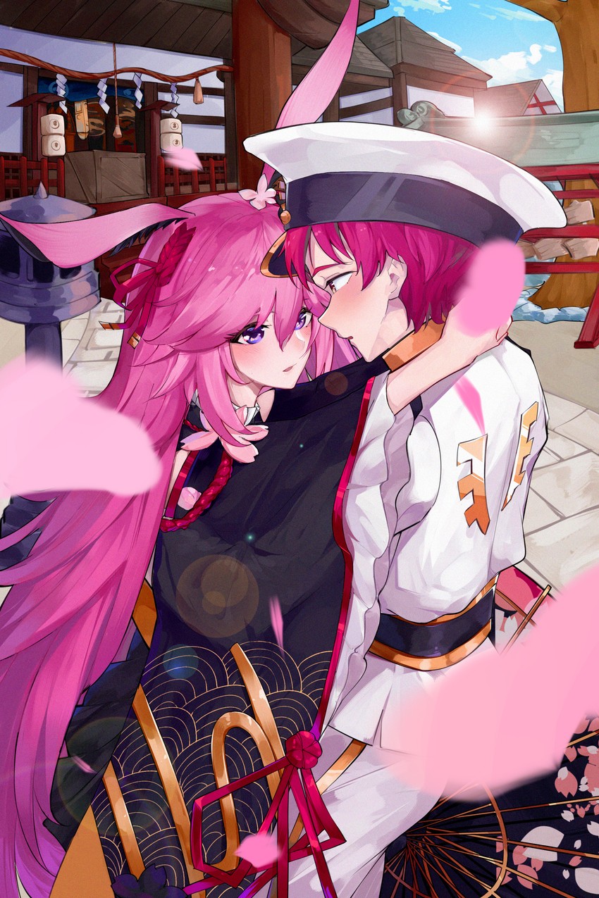 yae sakura and captain (honkai and 1 more) drawn by evzeva