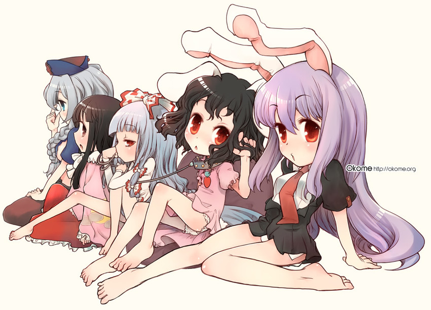 reisen udongein inaba, fujiwara no mokou, houraisan kaguya, inaba tewi, and yagokoro eirin (touhou) drawn by okome_(ricecandy)