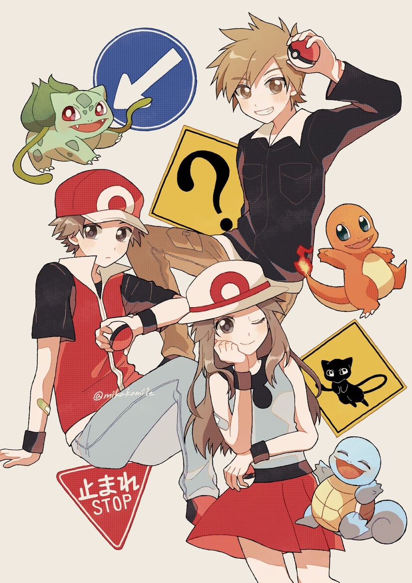 red, blue oak, leaf, bulbasaur, squirtle, and 2 more (pokemon and 1 more) drawn by mikakami1e