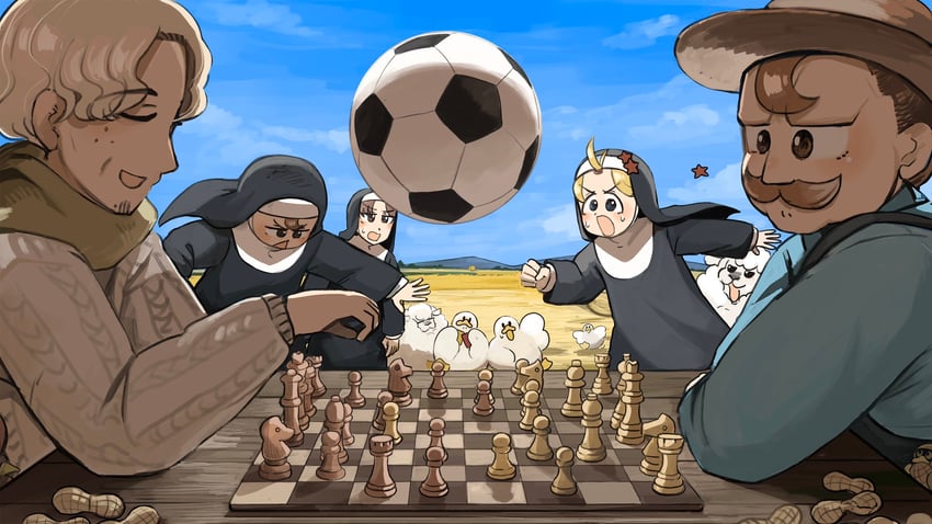 clumsy nun, froggy nun, hungry nun, froggy nun's father, and sheep nun's father (little nuns) drawn by diva_(hyxpk)