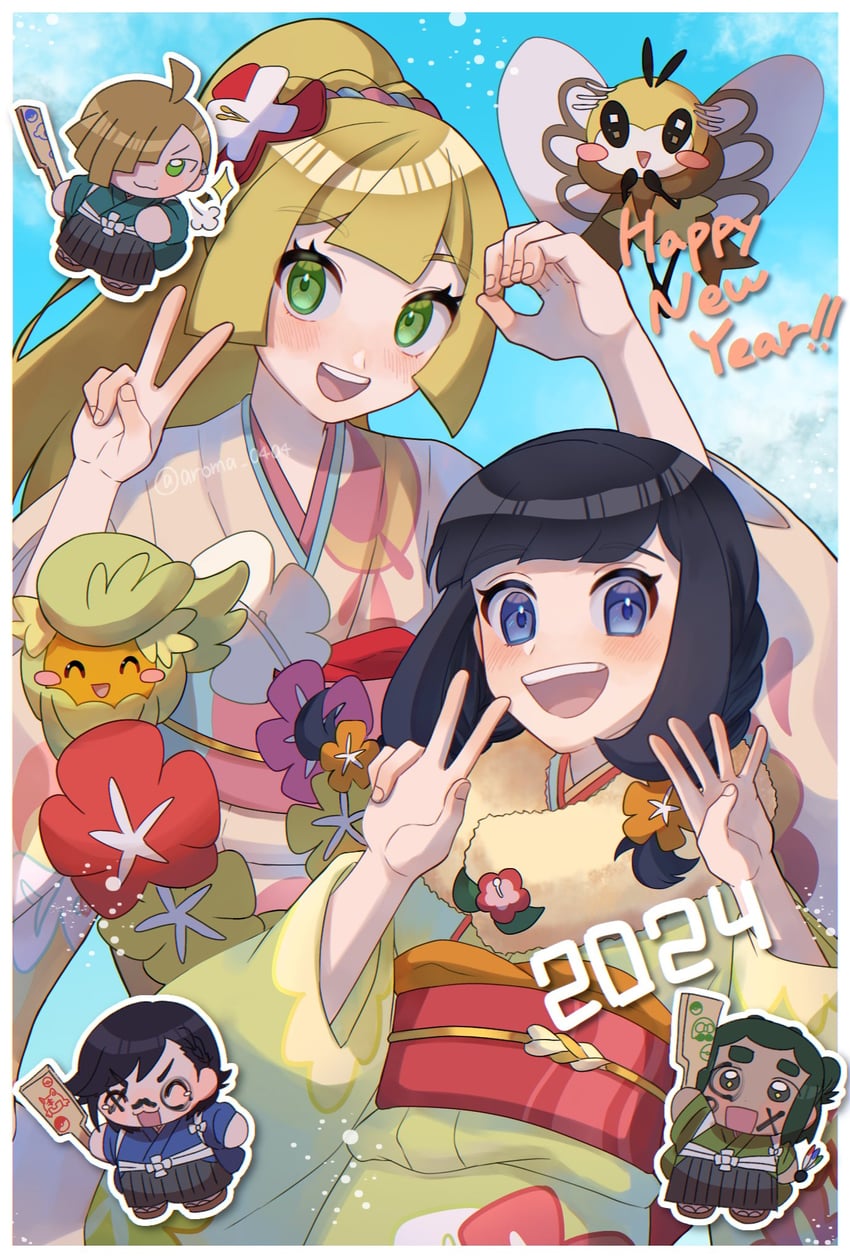 selene, elio, gladion, hau, ribombee, and 2 more (pokemon and 2 more) drawn by aroma_0404