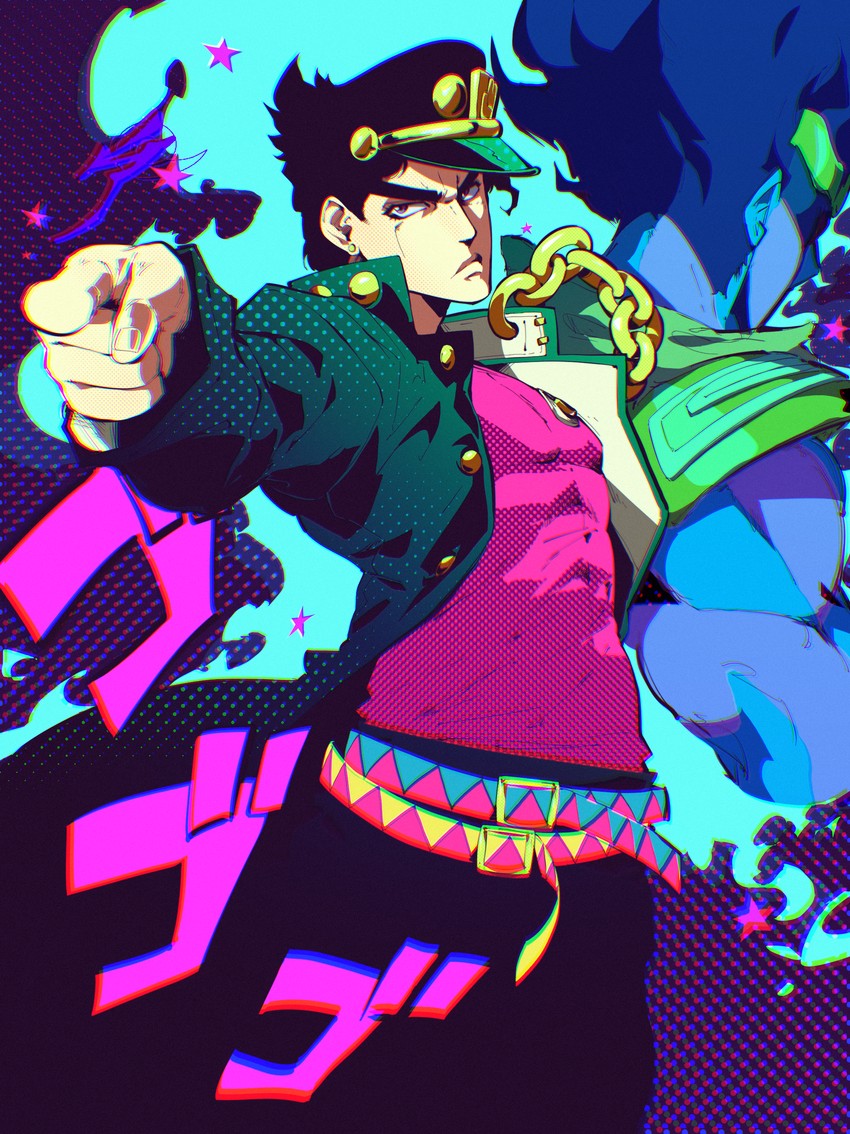 kujo jotaro and star platinum (jojo no kimyou na bouken and 1 more) drawn by aetherion