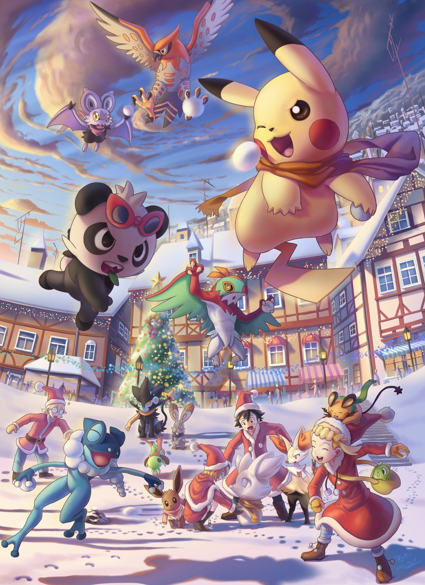 pikachu, ash ketchum, eevee, serena, braixen, and 14 more (pokemon and 1 more) drawn by hooh_lin