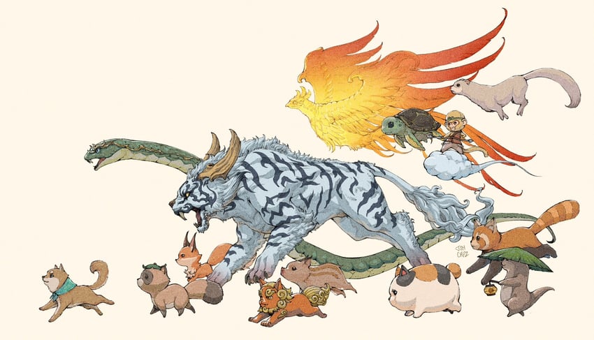 fat cat, seiryu, suzaku, byakko, komainu, and 8 more (final fantasy and 1 more) drawn by josh_corpuz