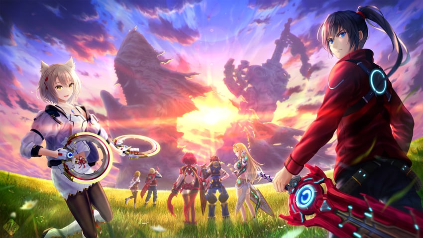 pyra, mythra, rex, mio, shulk, and 2 more (xenoblade chronicles and 3 more) drawn by hanegaito
