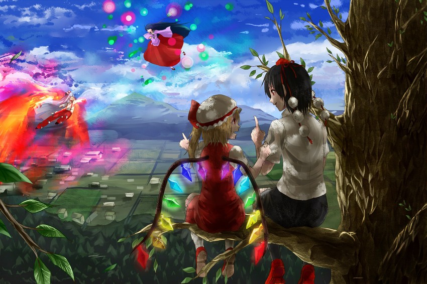 flandre scarlet, shameimaru aya, fujiwara no mokou, and houraisan kaguya (touhou) drawn by michimaru_(michi)