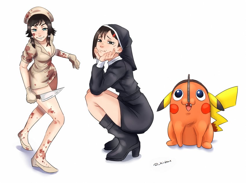 pikachu, higashiyama kobeni, pochita, mifune fumiko, and bubble head nurse (pokemon and 3 more) drawn by kirtome
