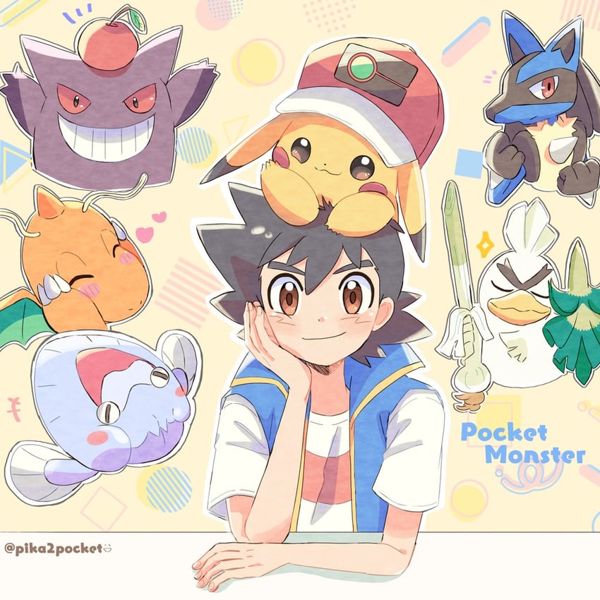 pikachu, ash ketchum, lucario, gengar, dragonite, and 2 more (pokemon and 1 more) drawn by pika2pocket