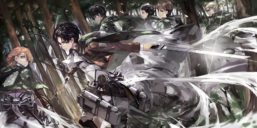 eren yeager, levi, petra ral, auruo bossard, erd gin, and 1 more (shingeki no kyojin) drawn by saberiii