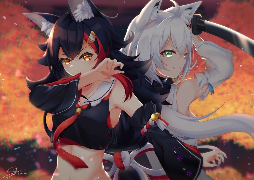 shirakami fubuki and ookami mio (hololive and 1 more) drawn by shiinochi