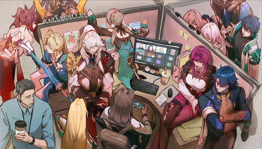 trailblazer, stelle, kafka, march 7th, dan heng, and 10 more (honkai and 2 more) drawn by qrbits