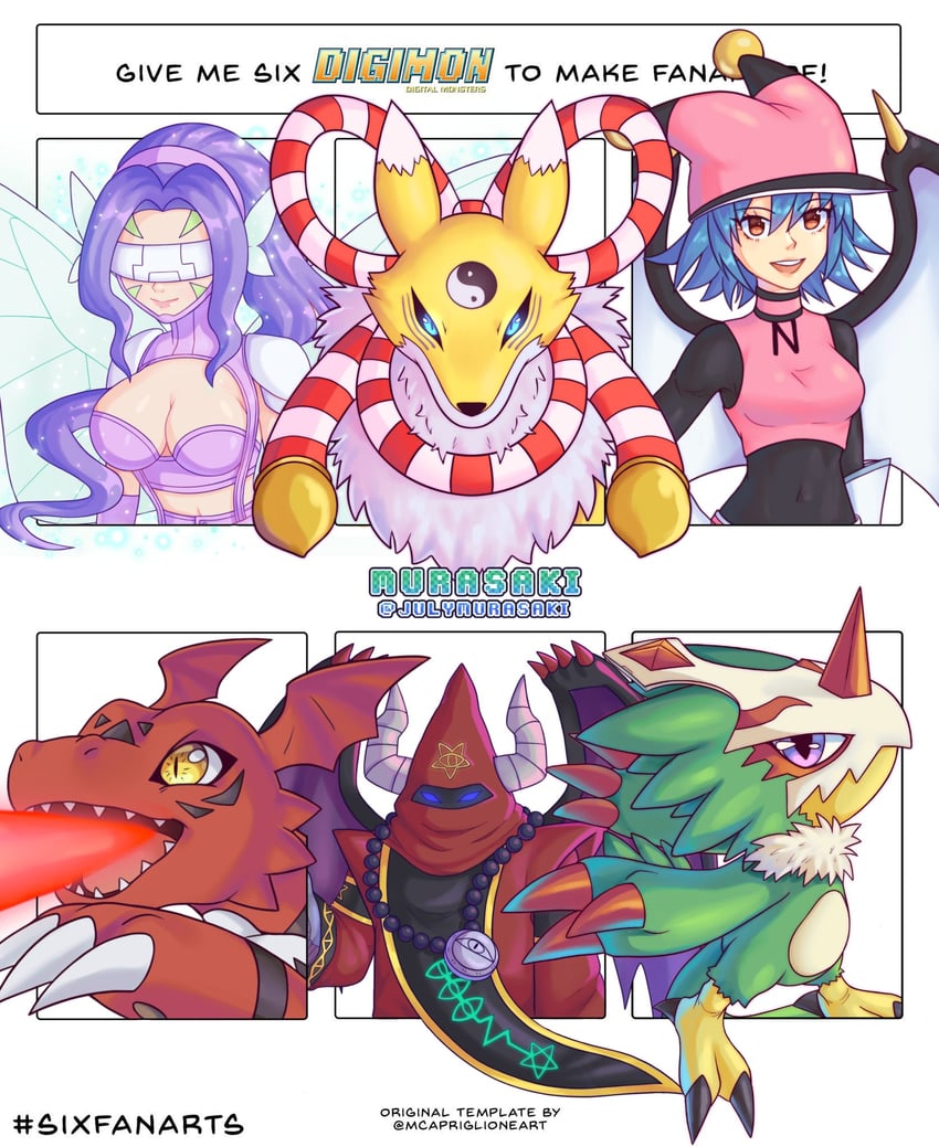 fairimon, guilmon, pteromon, kyuubimon, demon, and 1 more (digimon) drawn by murasaki_(julymurasaki)