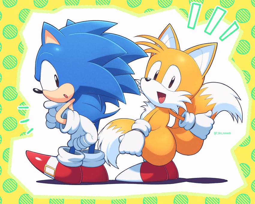 sonic the hedgehog, tails, classic sonic, and classic tails (sonic and 1 more) drawn by show_chiku-by