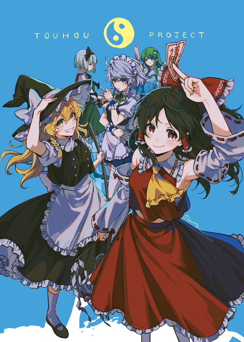 hakurei reimu, kirisame marisa, izayoi sakuya, kochiya sanae, and konpaku youmu (touhou) drawn by noriuma