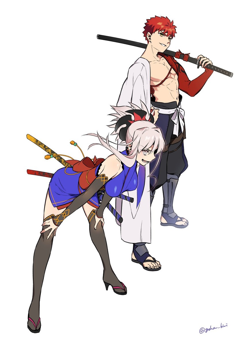 emiya shirou, miyamoto musashi, and senji muramasa (fate and 1 more) drawn by otama_(atama_ohanabatake)