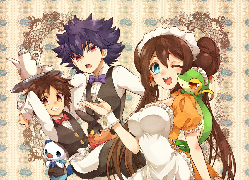 rosa, oshawott, snivy, tepig, nate, and 1 more (pokemon and 1 more) drawn by irouha