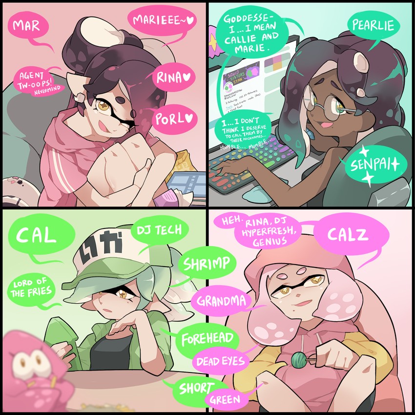 inkling player character, callie, marina, judd, pearl, and 1 more (splatoon and 1 more) drawn by gomipomi