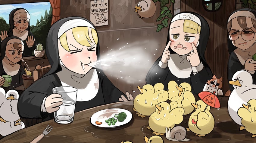 clumsy nun, froggy nun, spicy nun, sheep nun, and glasses nun (little nuns) drawn by diva_(hyxpk)