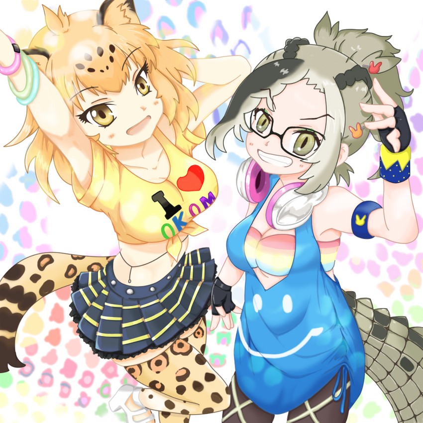 jaguar, saltwater crocodile, meu meu, tsuda minami, izumi ibuki, and 1 more (kemono friends and 1 more) drawn by furimuki_friends