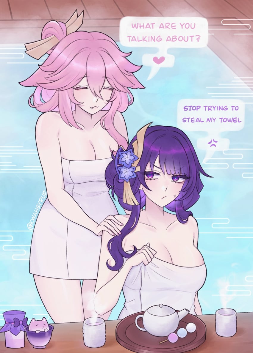 raiden shogun and yae miko (genshin impact) drawn by kwahsyrup