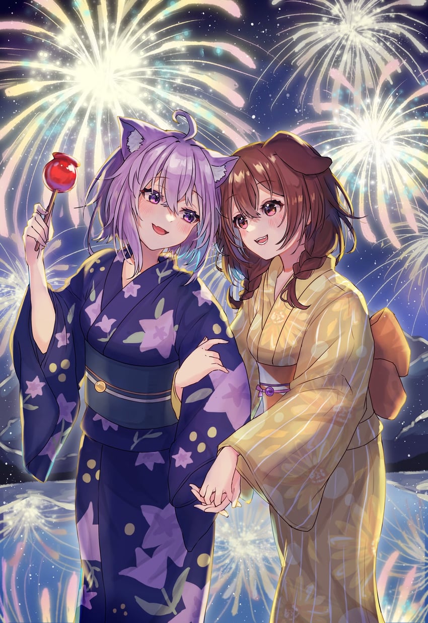 nekomata okayu and inugami korone (hololive) drawn by soraneko_(purin_kudasai)