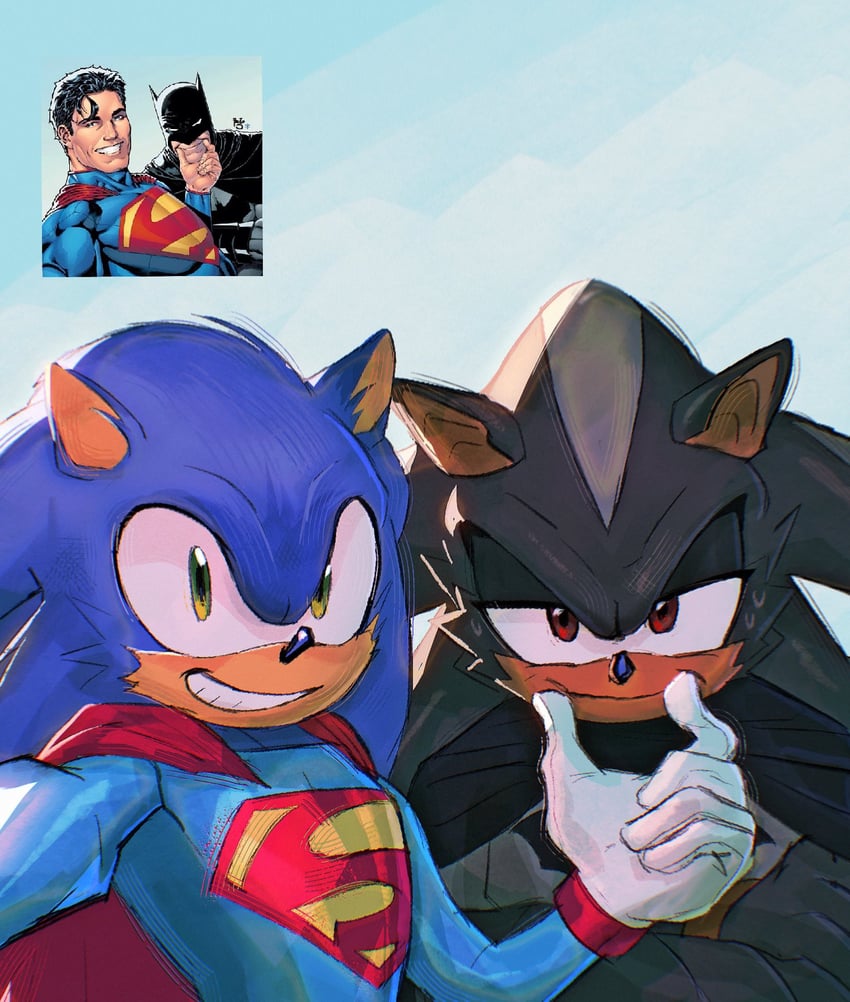 sonic the hedgehog, shadow the hedgehog, batman, and superman (sonic and 3 more) drawn by noka_(noka_exe)