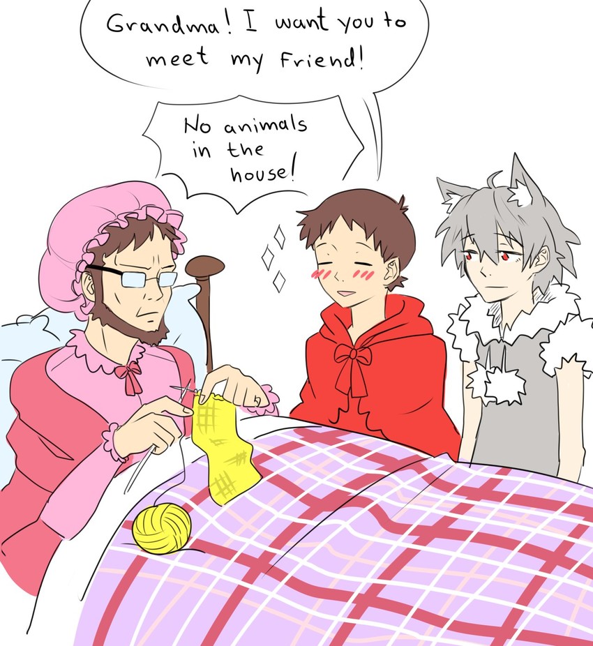 ikari shinji, nagisa kaworu, little red riding hood, big bad wolf, ikari gendou, and 1 more (neon genesis evangelion and 1 more)
