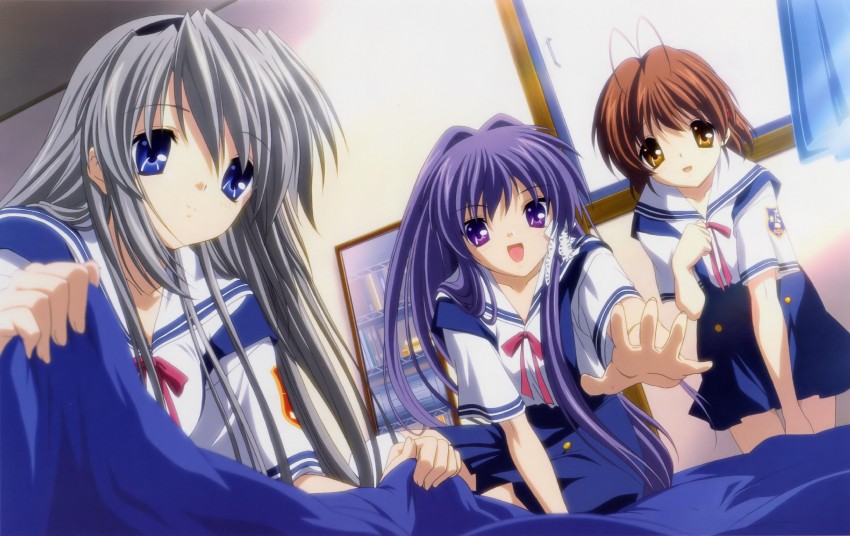 furukawa nagisa, fujibayashi kyou, and sakagami tomoyo (clannad) drawn by ikeda_kazumi