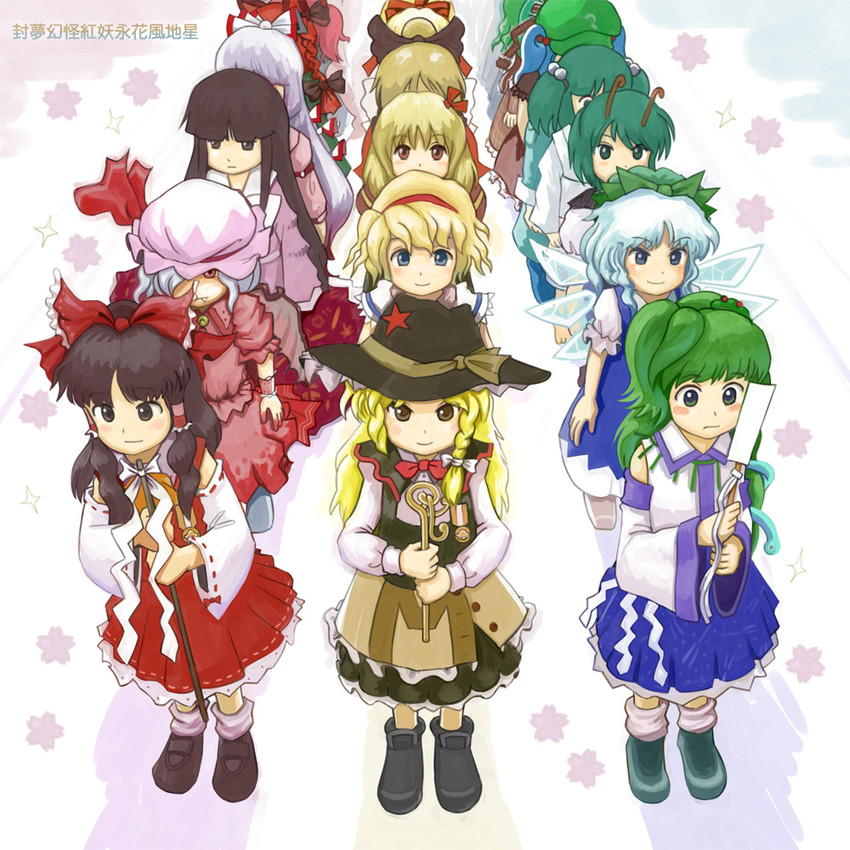 hakurei reimu, kirisame marisa, remilia scarlet, kochiya sanae, alice margatroid, and 13 more (touhou) drawn by maku_(wasabishock)