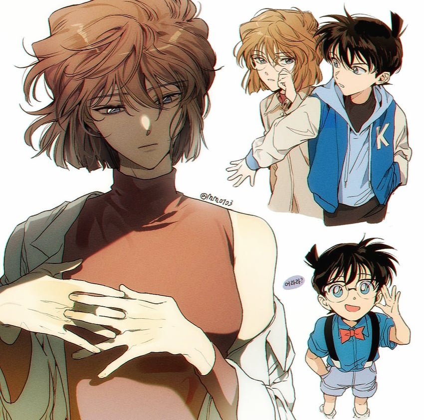 edogawa conan, haibara ai, and miyano shiho (meitantei conan) drawn by m_m_pb