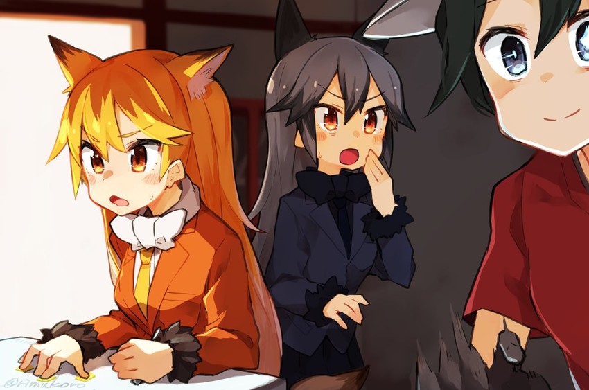 kaban, silver fox, and ezo red fox (kemono friends) drawn by rimukoro