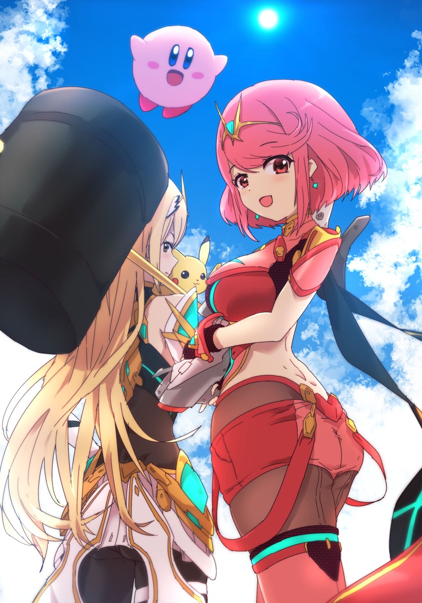 pikachu, pyra, kirby, and mythra (pokemon and 4 more) drawn by tavn