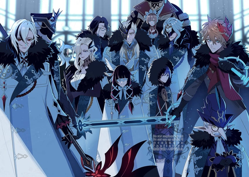 scaramouche, tartaglia, arlecchino, columbina, signora, and 6 more (genshin impact) drawn by hiki_yuichi