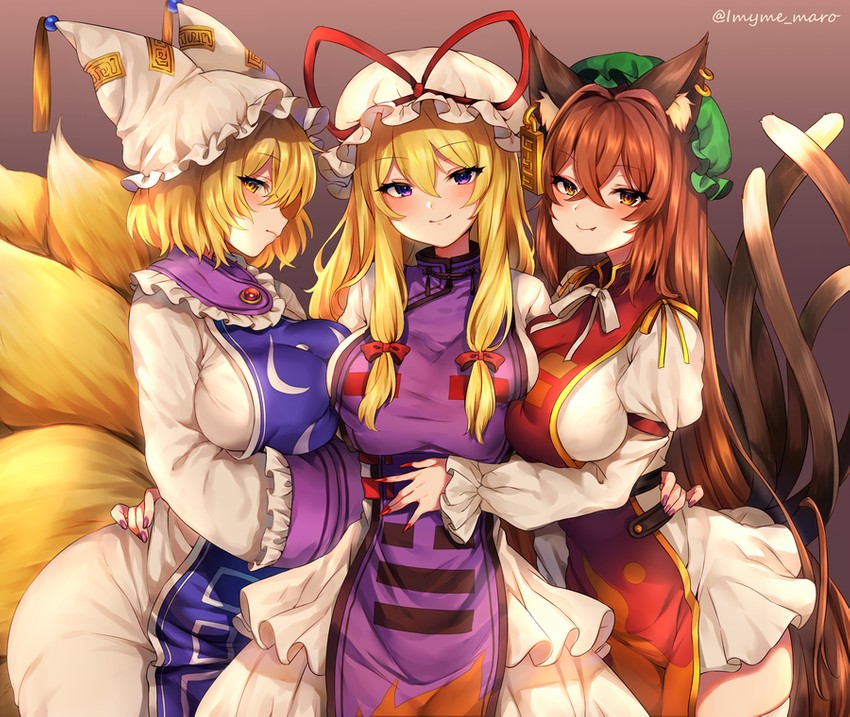 yakumo yukari, yakumo ran, and chen (touhou) drawn by marota