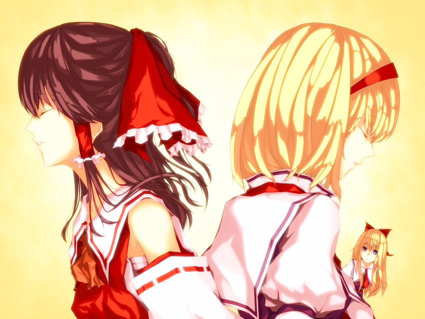 hakurei reimu, alice margatroid, and shanghai doll (touhou) drawn by azusawa_yuu