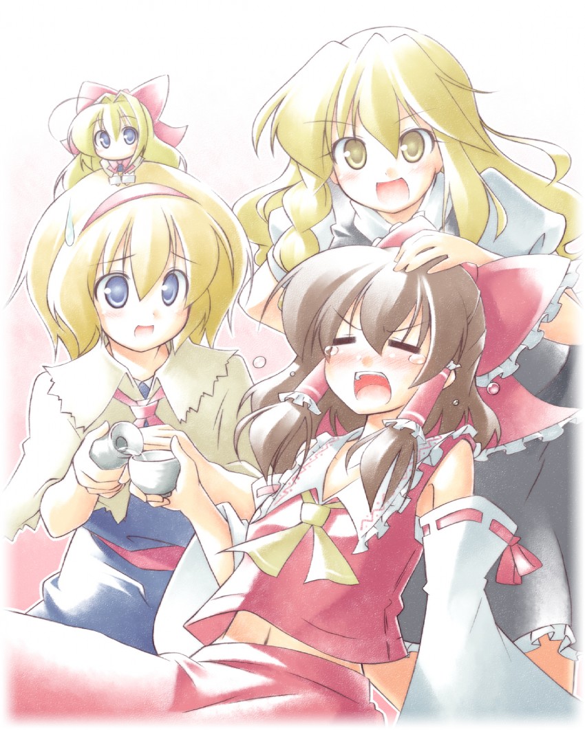 hakurei reimu, kirisame marisa, alice margatroid, and shanghai doll (touhou) drawn by kibushi