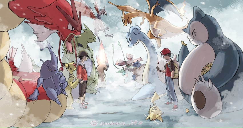 red, ethan, charizard, snorlax, lapras, and 8 more (pokemon and 1 more) drawn by amanonon