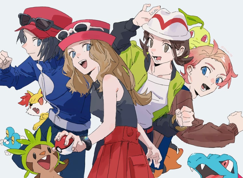 serena, calem, tepig, chikorita, fennekin, and 5 more (pokemon and 2 more) drawn by etsuko_pkmn