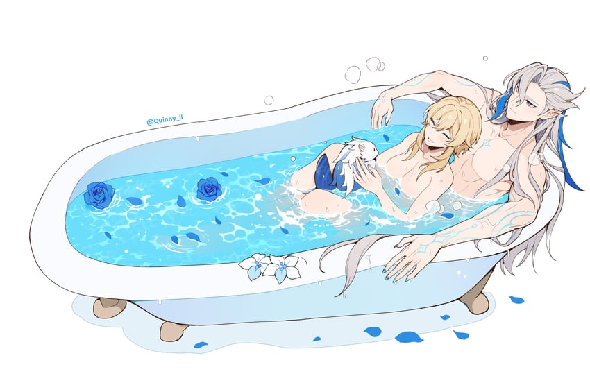 lumine, neuvillette, and leisurely otter (genshin impact) drawn by quinny_il