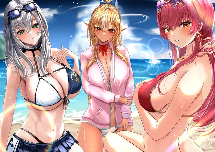 houshou marine, shirogane noel, and shiranui flare (hololive) drawn by uchi1048