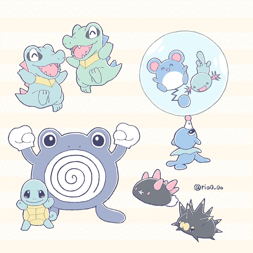 squirtle, popplio, marill, wooper, pyukumuku, and 2 more (pokemon) drawn by rio_(rio0v0o)