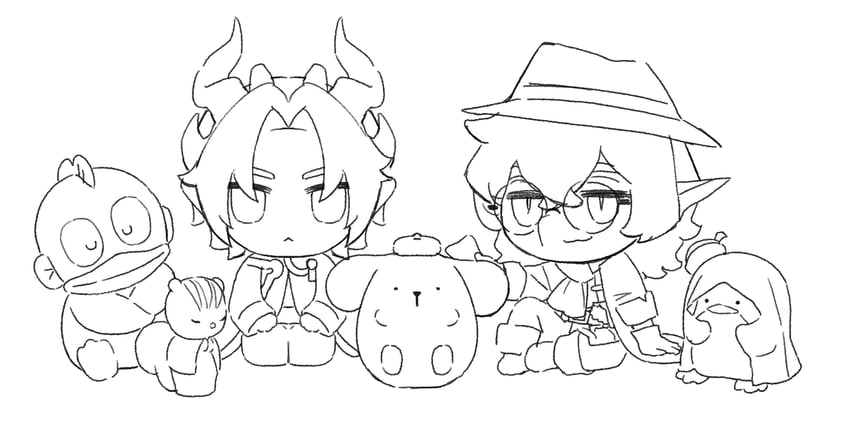 chongyue, pompompurin, lee, tuxedo sam, and hangyodon (arknights and 1 more) drawn by kard