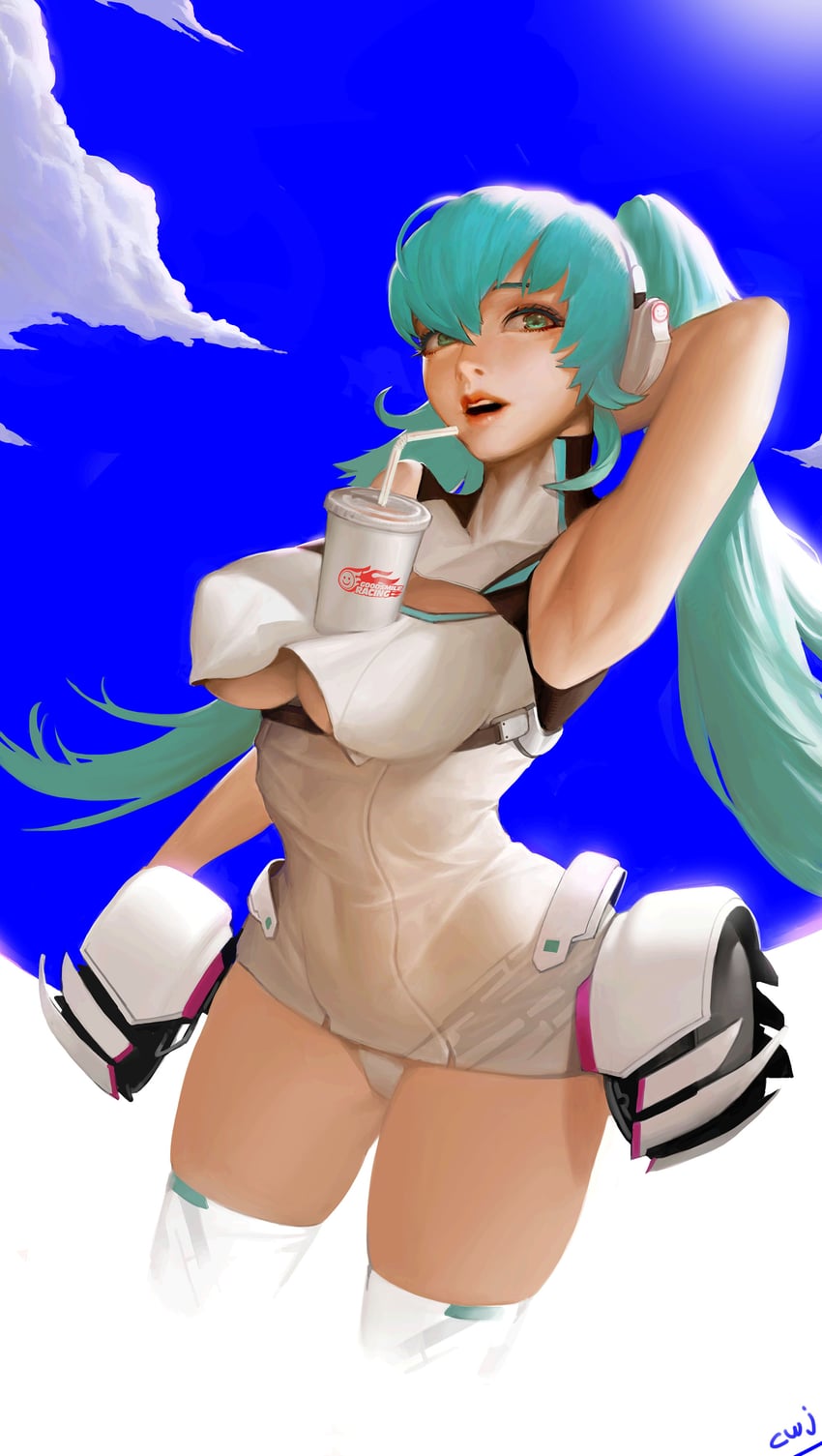 hatsune miku and racing miku (vocaloid and 1 more) drawn by tomatoketchup96
