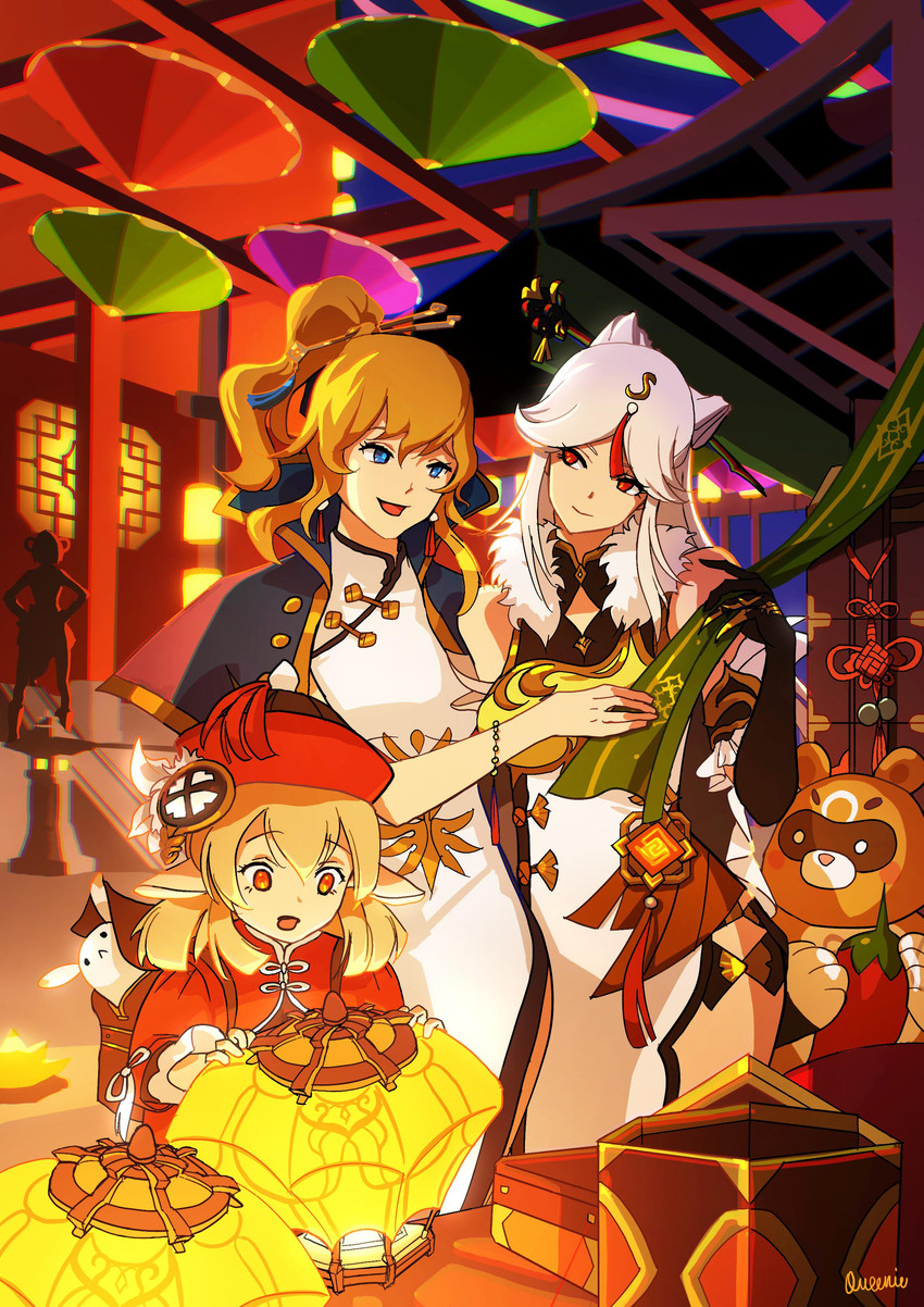 klee, jean, ningguang, dodoco, xiangling, and 1 more (genshin impact) drawn by queenieo