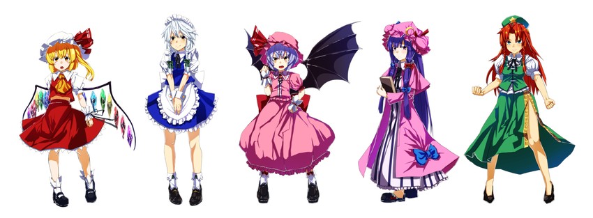 remilia scarlet, flandre scarlet, izayoi sakuya, patchouli knowledge, and hong meiling (touhou) drawn by ruuto_(sorufu)